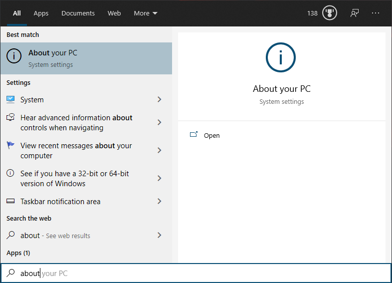 Windows Search for "About"